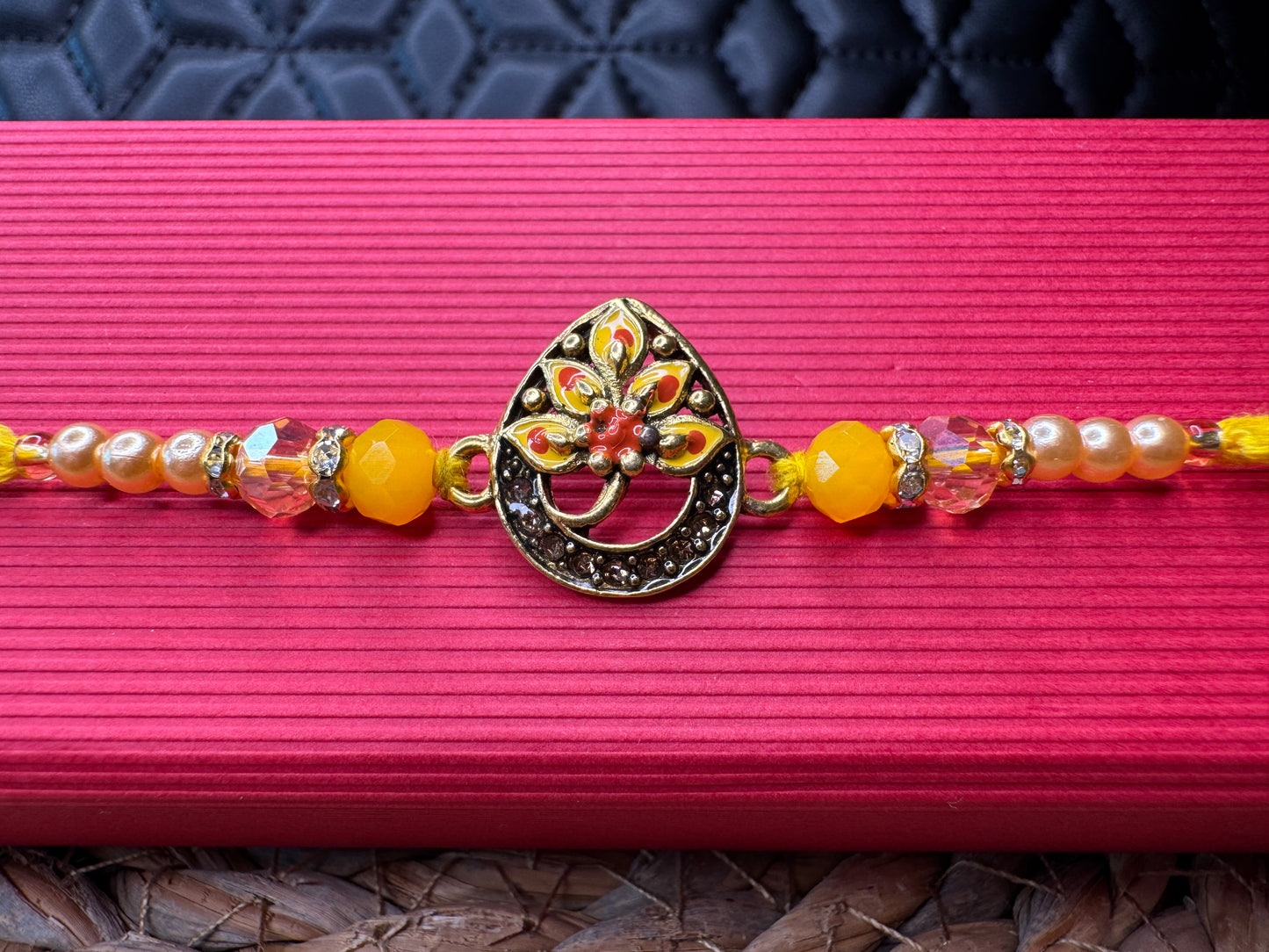 Royal Teardrop Rakhi with Kundan & Bead Detailing – Elegant & Traditional