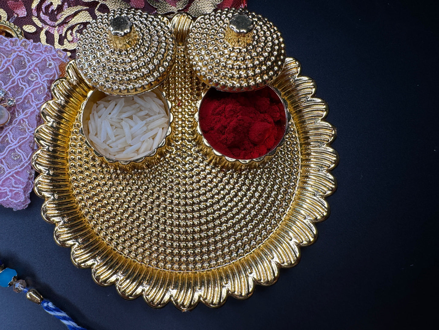Mini Rakhi Celebration Combo – 3 Rakhis with Pooja Thali & Tikka Bag